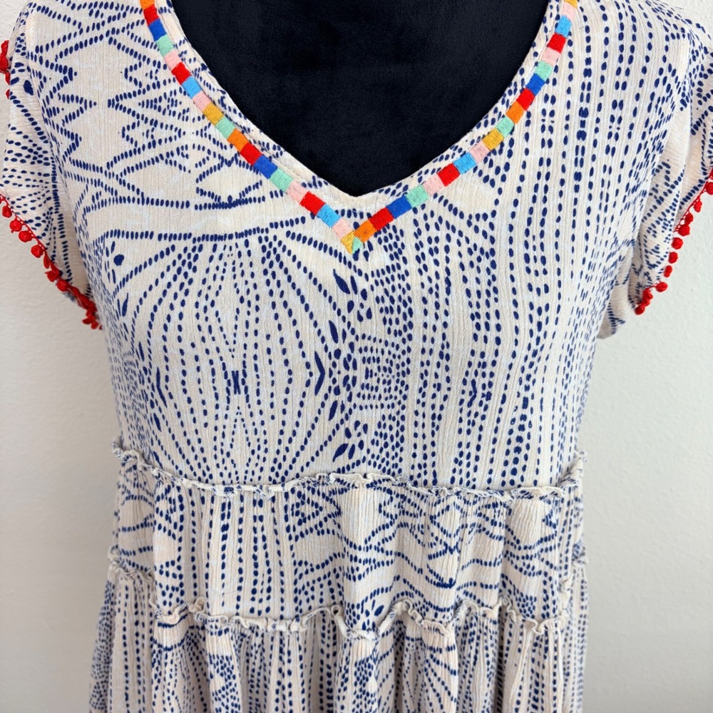 THML Woman S Blue Cream Geometric Print Tiered Babydoll Gauzy Rainbow Embroidery - Picture 2 of 9